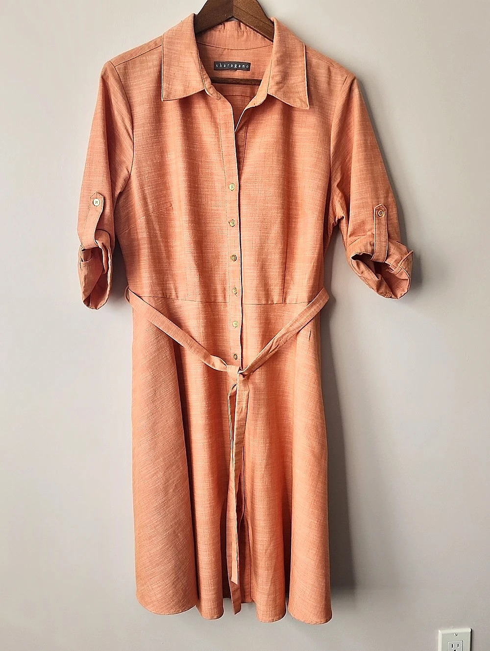 Sharagano Belted Midi Shirt Dress Pink